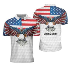 3D All Over Print Golf American Flag Eagle Wings Men Polo Shirt, White Golf Pattern And Golf Ball Polo Shirt Coolspod