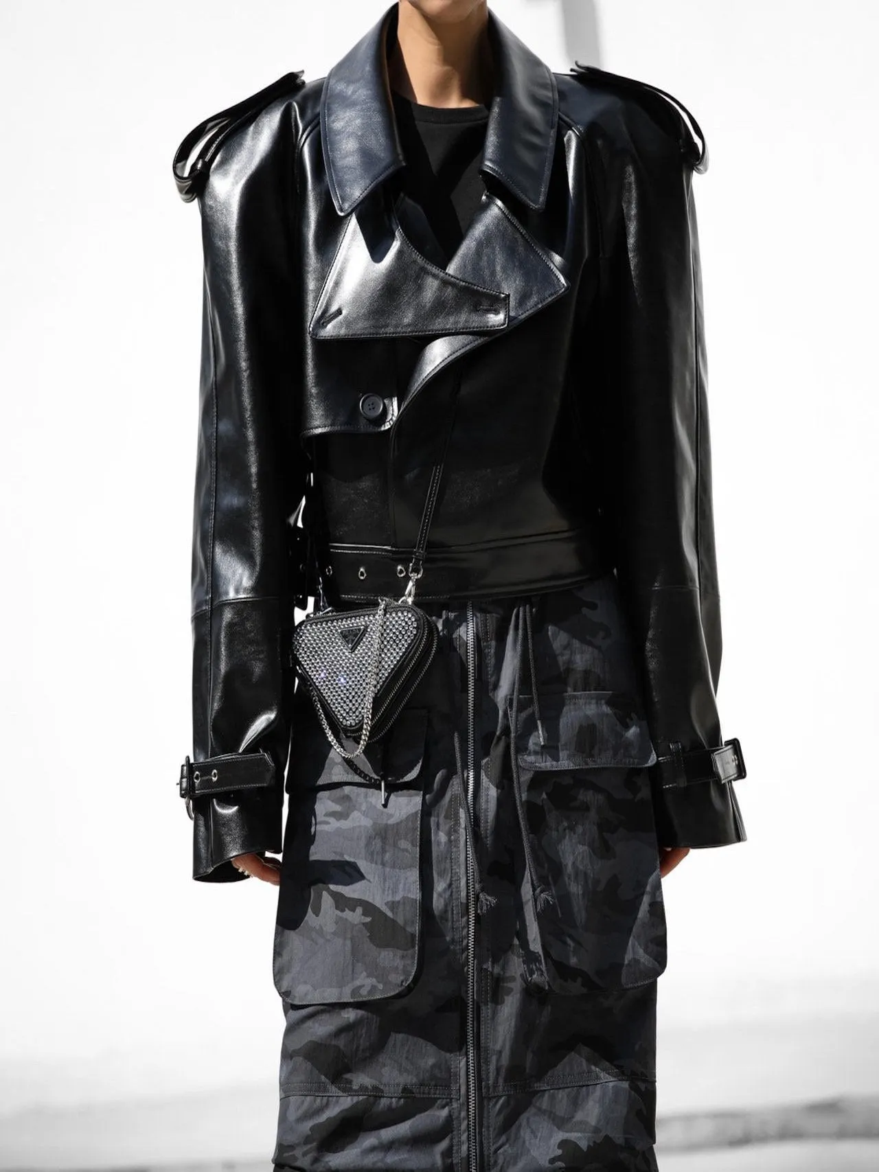 BELTED CHUNKY CROPPED VEGAN LEATHER TRENCH