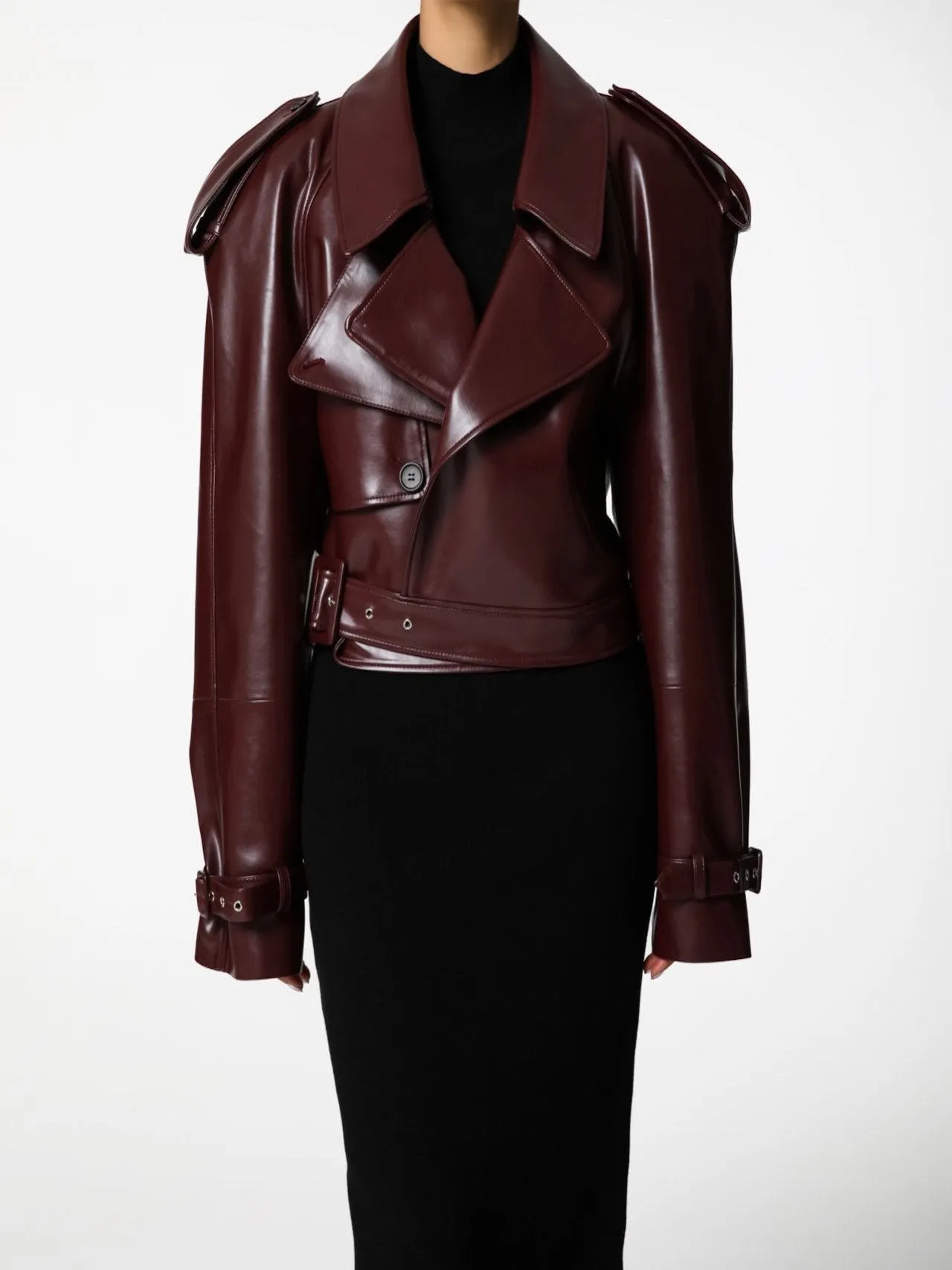 BELTED CHUNKY CROPPED VEGAN LEATHER TRENCH