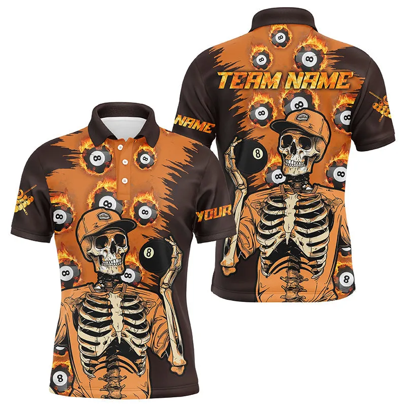 Billiard Orange Funny Skeleton With 8 Ball Customized Name, Team Name 3D Polo Shirt For Men