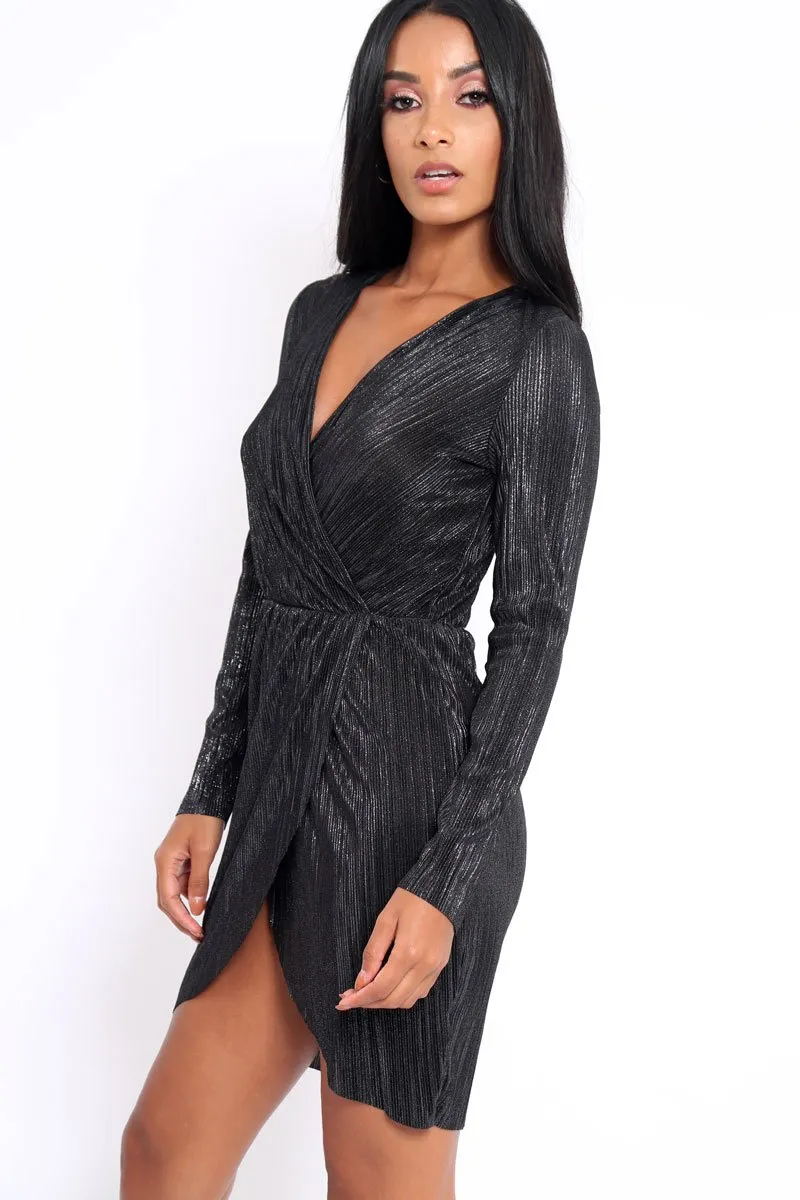 Black Metallic Wrap Front Dress - Angie