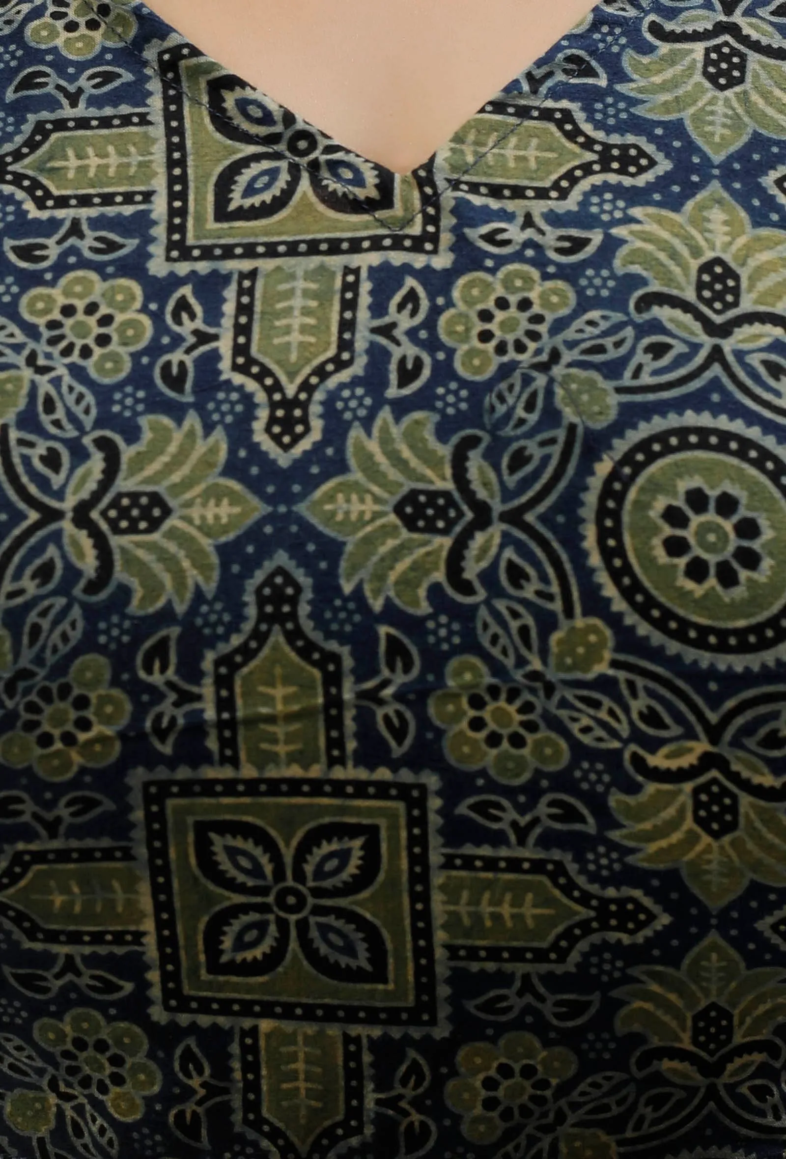 Blue And Olive Green Ajrak Cotton Blouse