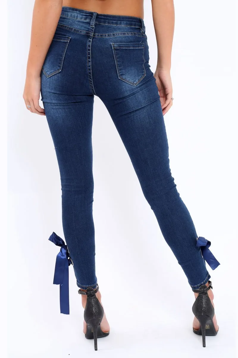 Blue Denim Side Bow Skinny Jeans - Emilia