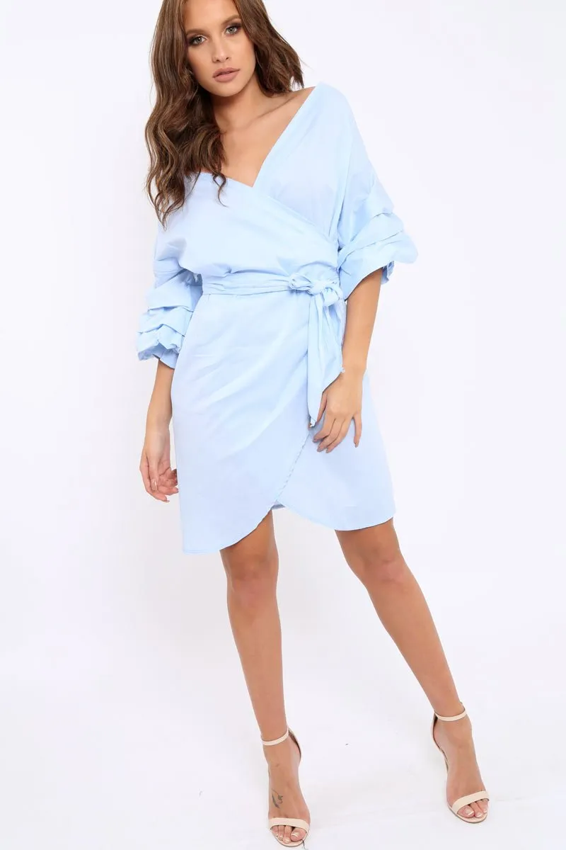 Blue Ruched Sleeve Wrap Around Dress - Marly