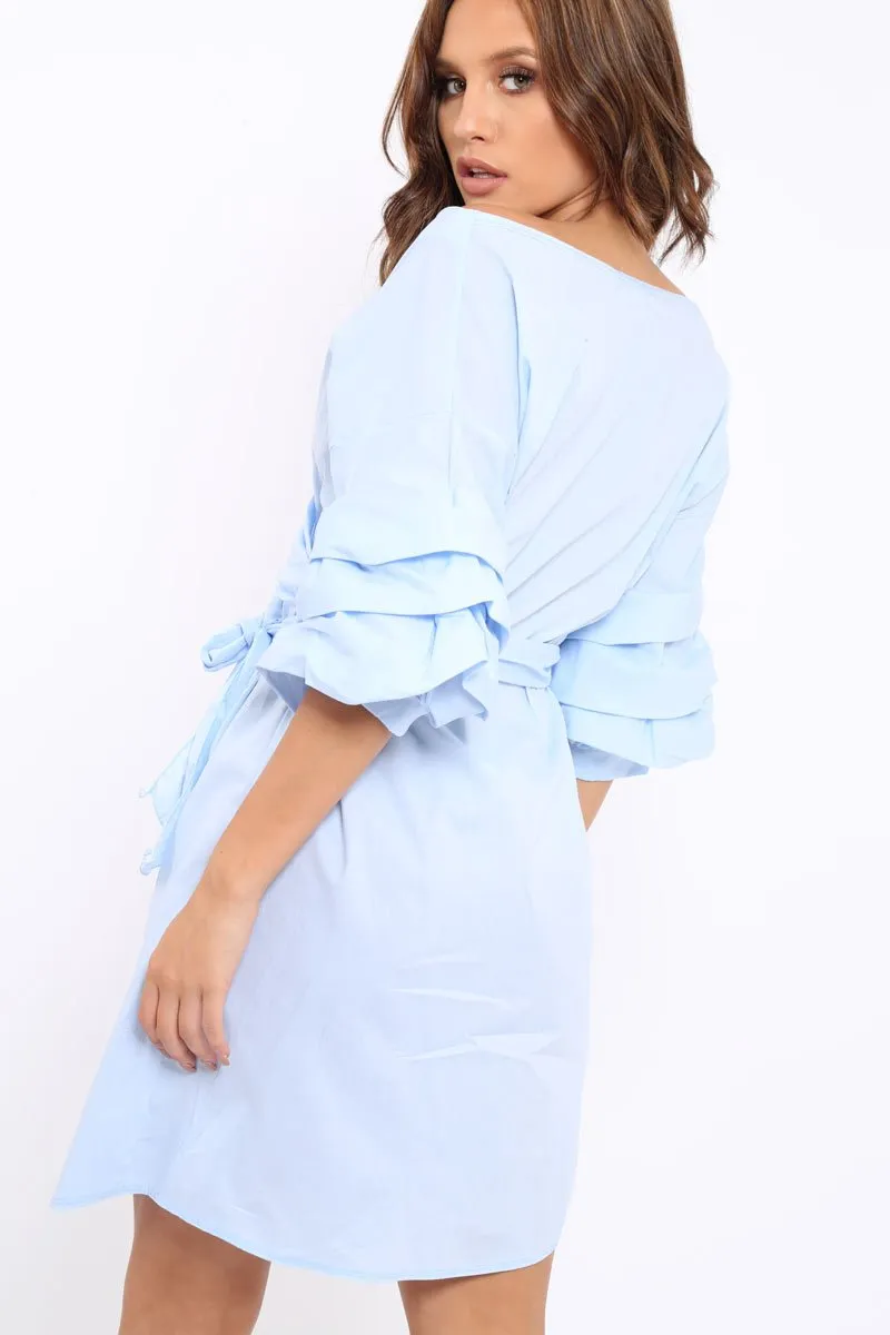 Blue Ruched Sleeve Wrap Around Dress - Marly