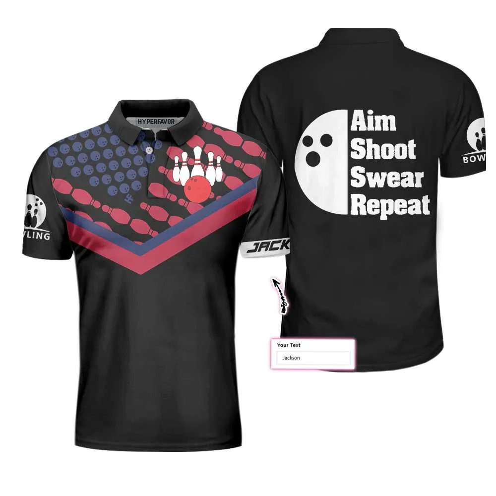 Bowling Aim Shoot Swear Repeat Custom Polo Shirt, Customized Bowling Shirt For Bowlers, Tenpin Bowling Shirt Coolspod