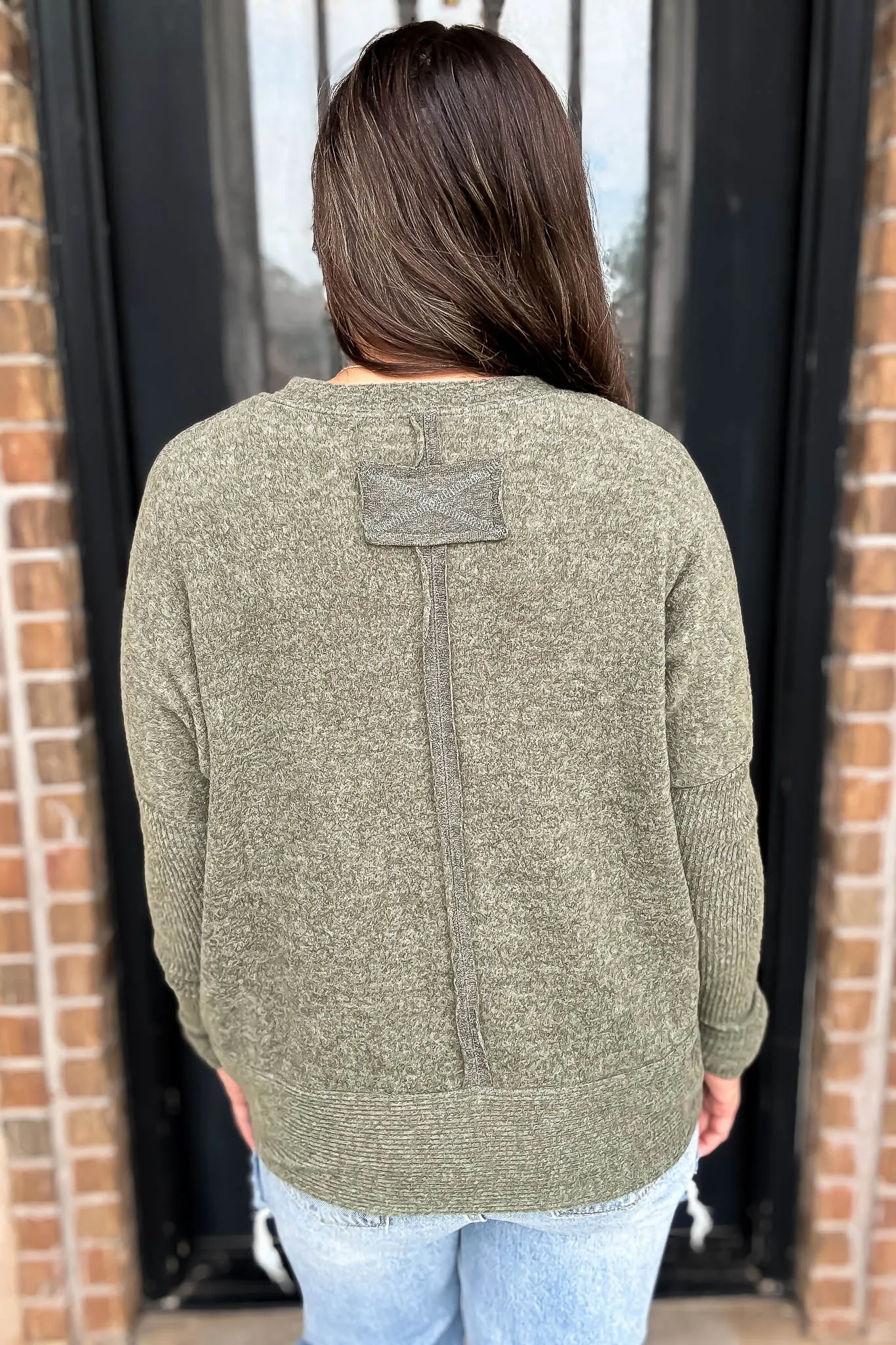 Campfire Brushed Dark Olive Melange Hacci Dolman Sleeve Sweater