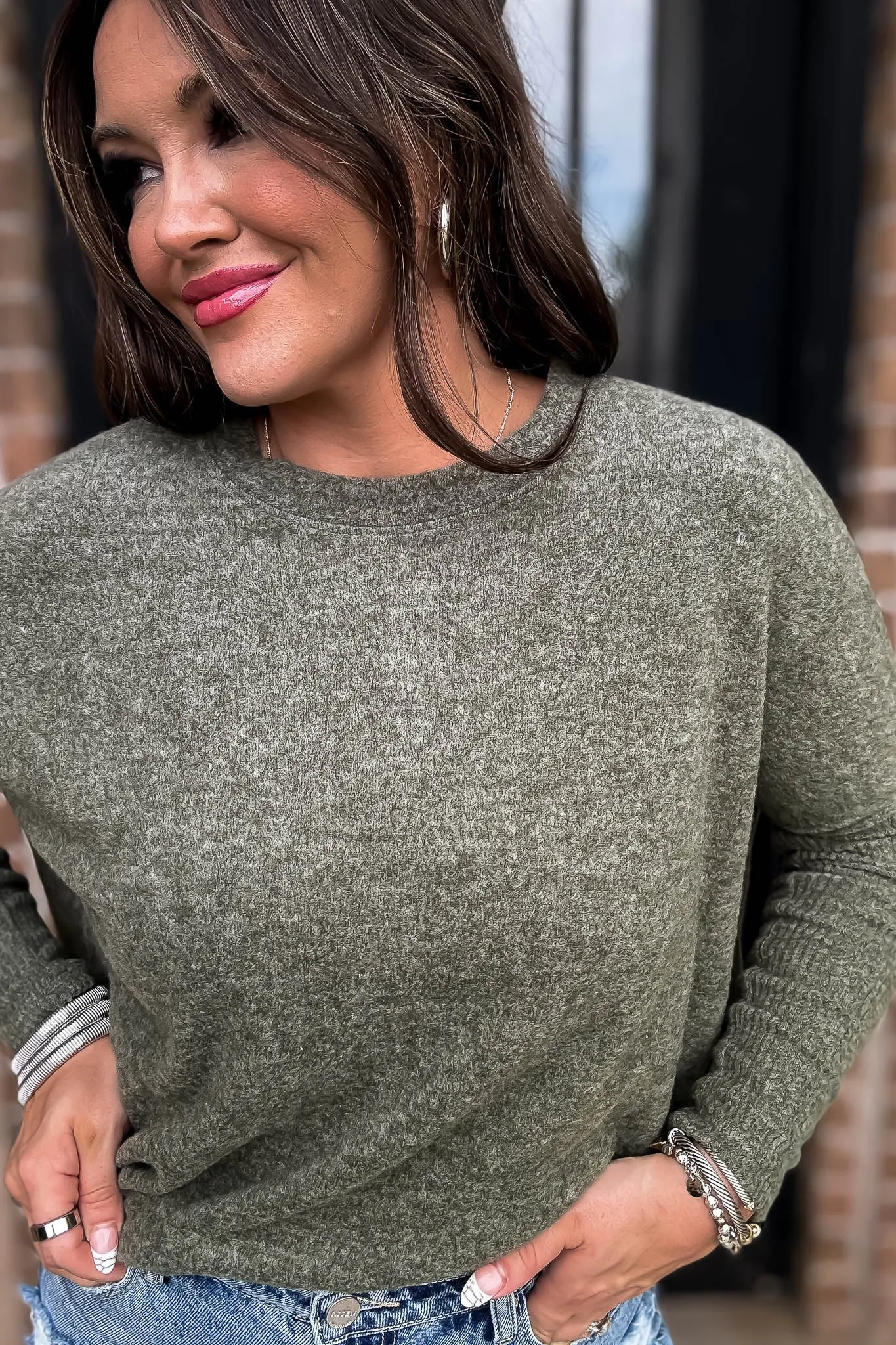 Campfire Brushed Dark Olive Melange Hacci Dolman Sleeve Sweater