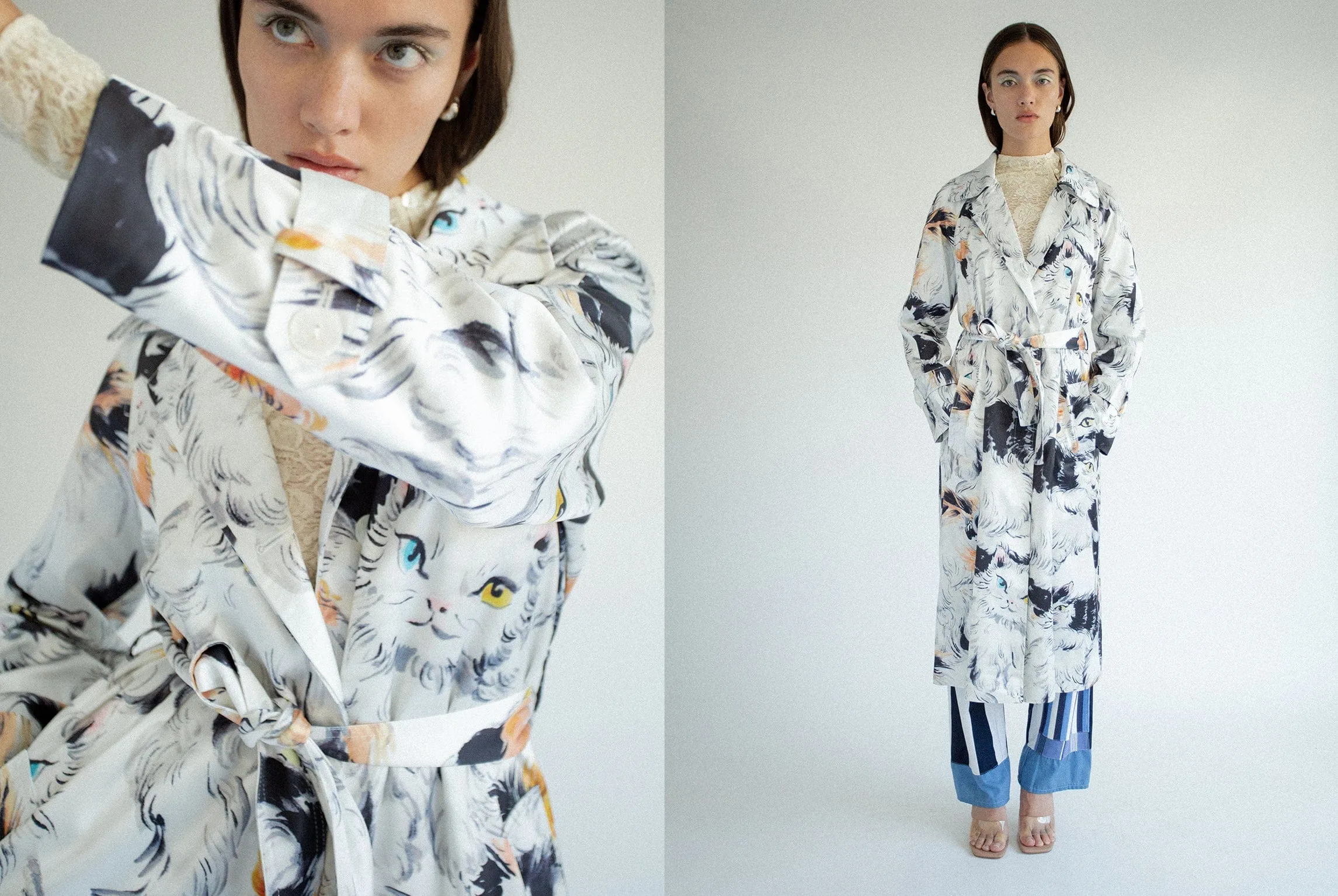 Cat Printed Trench Coat