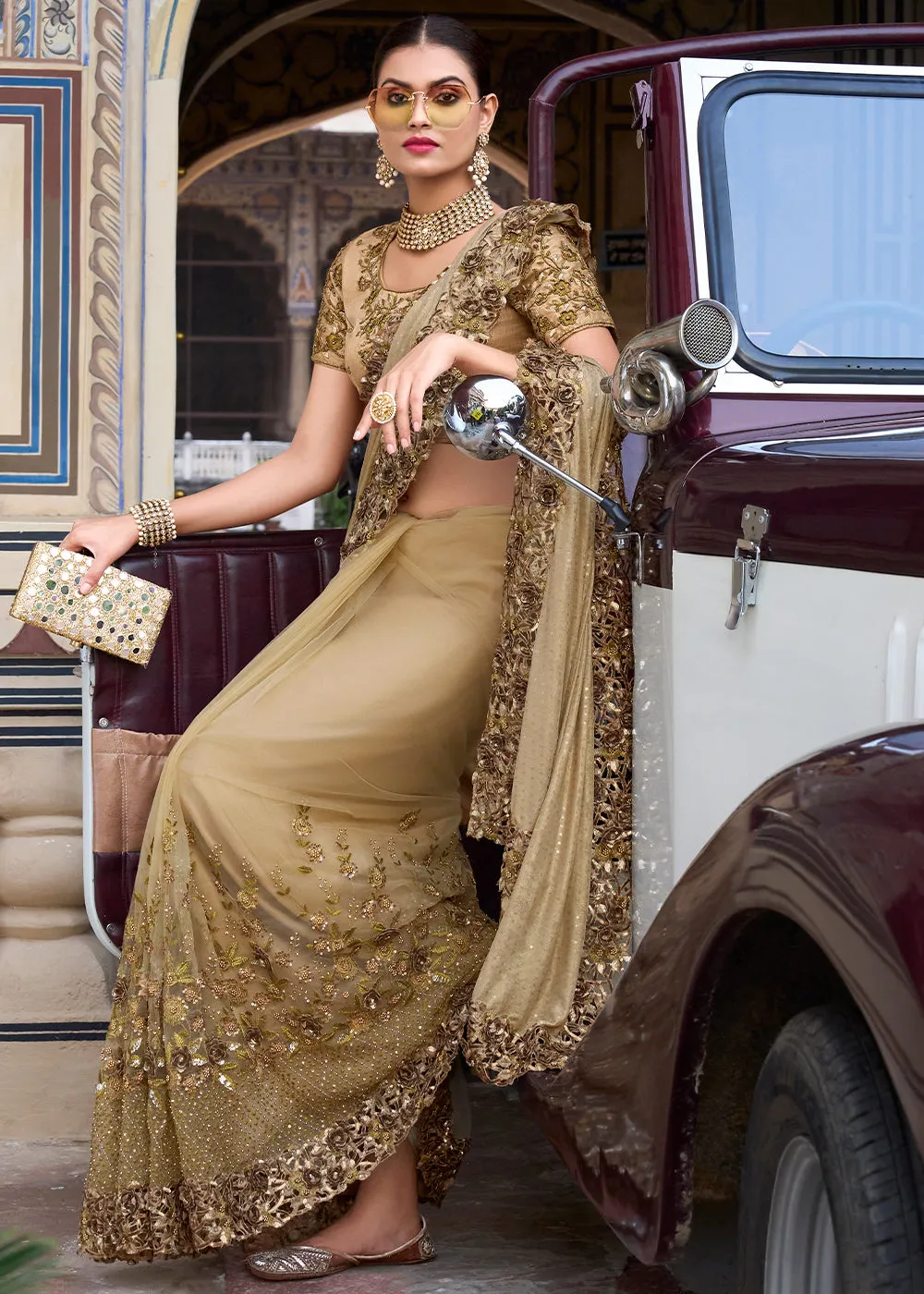 Chiku Brown Digital Net Saree with Sequins,Moti,Mirror & Flower Applic work