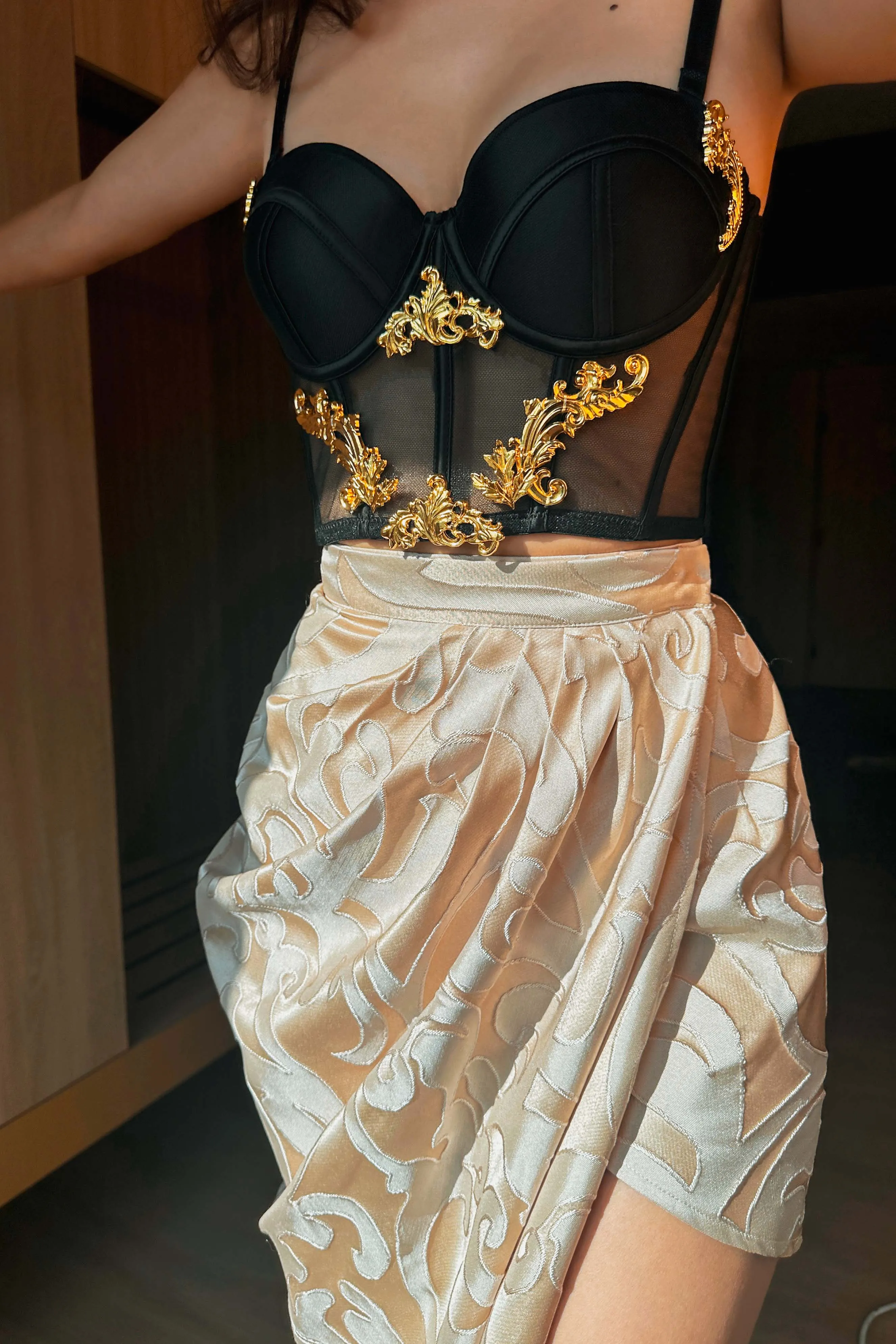 Cicely Asymmetrical Wrap Skirt in Ivory Champagne