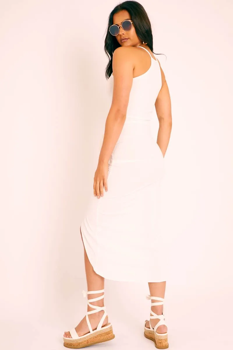 Cream Ribbed Wrap Front Tie Detail Midi Dress - Praise