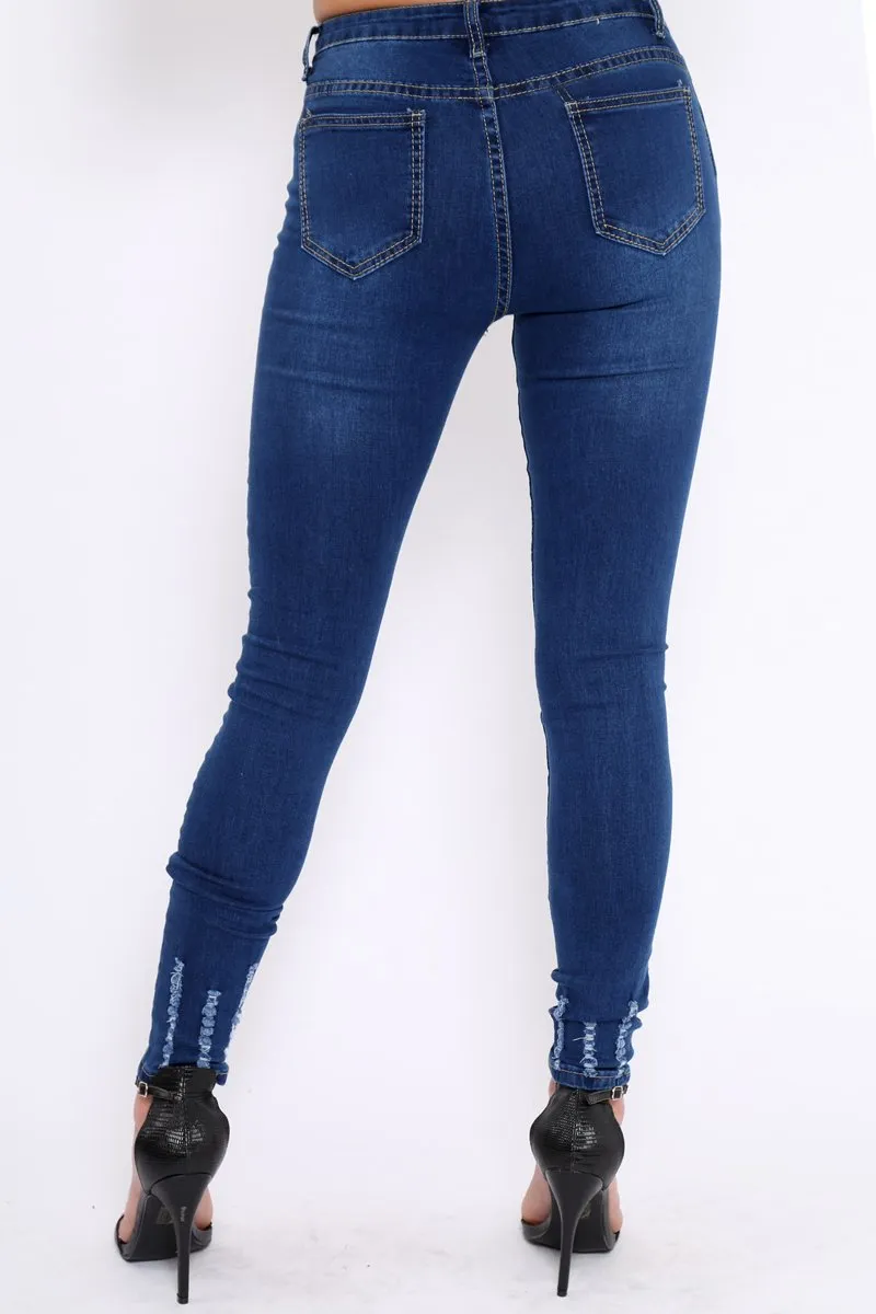 Dark Blue Denim Frayed Skinny Jeans - Alma