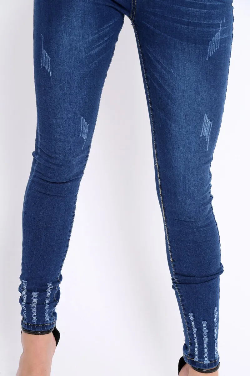 Dark Blue Denim Frayed Skinny Jeans - Alma