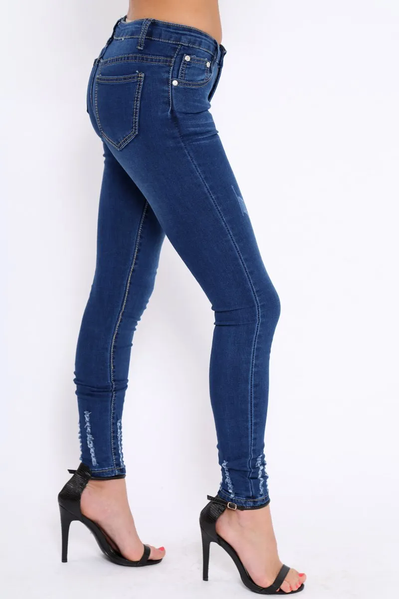 Dark Blue Denim Frayed Skinny Jeans - Alma