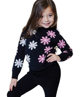 Design History Girls Little Black Floral Sweater