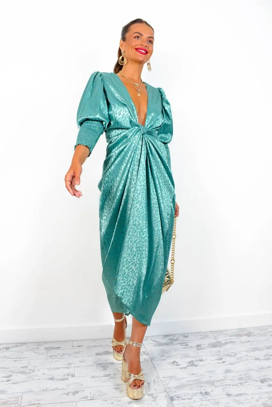 Drive Em Wild - Sea Green Satin Leopard Jacquard Midi Wrap Dress