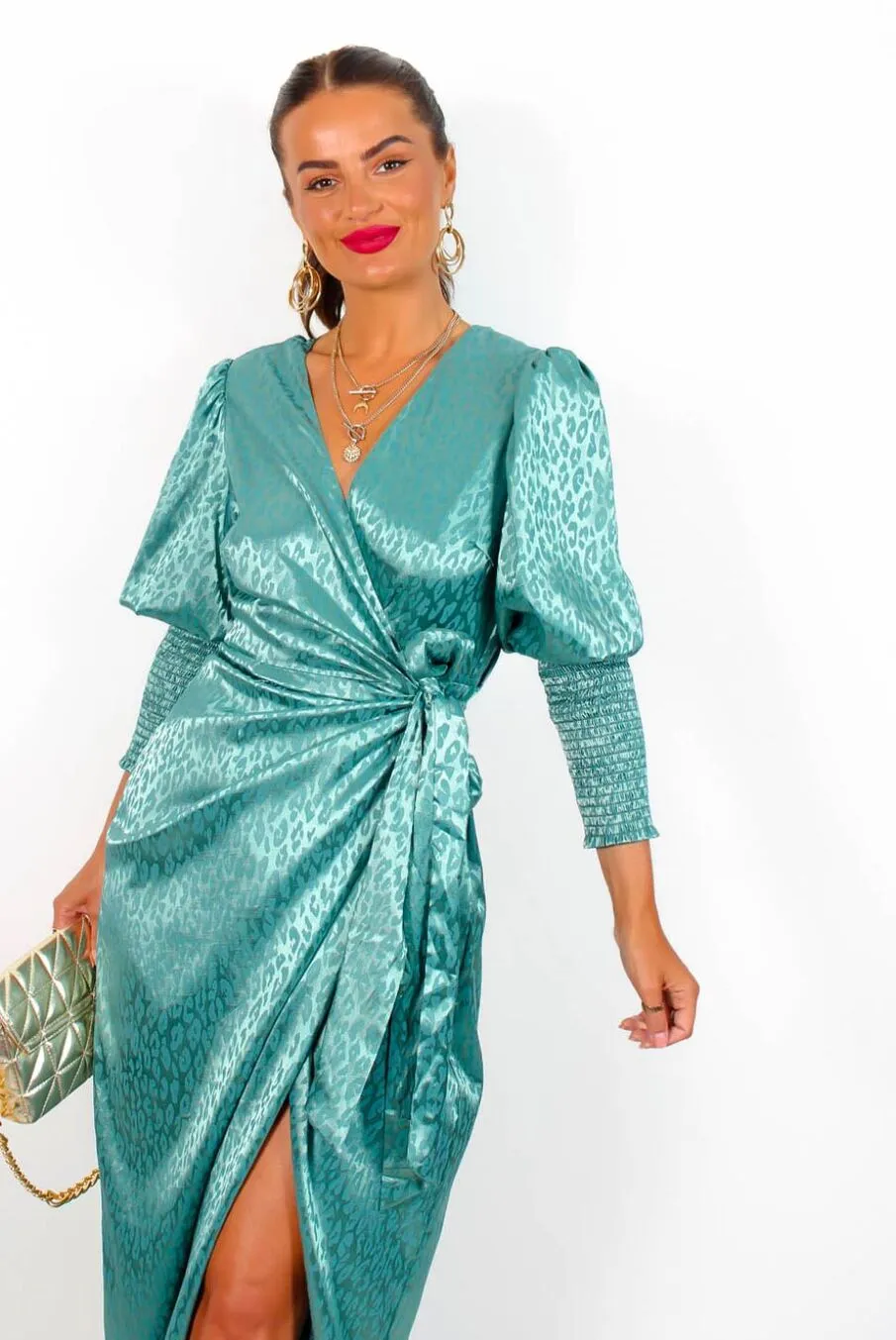 Drive Em Wild - Sea Green Satin Leopard Jacquard Midi Wrap Dress