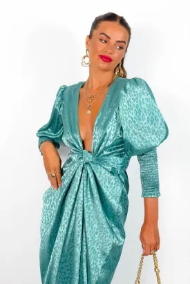 Drive Em Wild - Sea Green Satin Leopard Jacquard Midi Wrap Dress