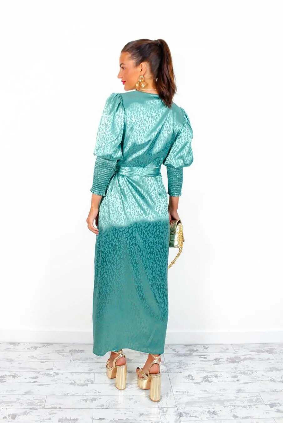 Drive Em Wild - Sea Green Satin Leopard Jacquard Midi Wrap Dress