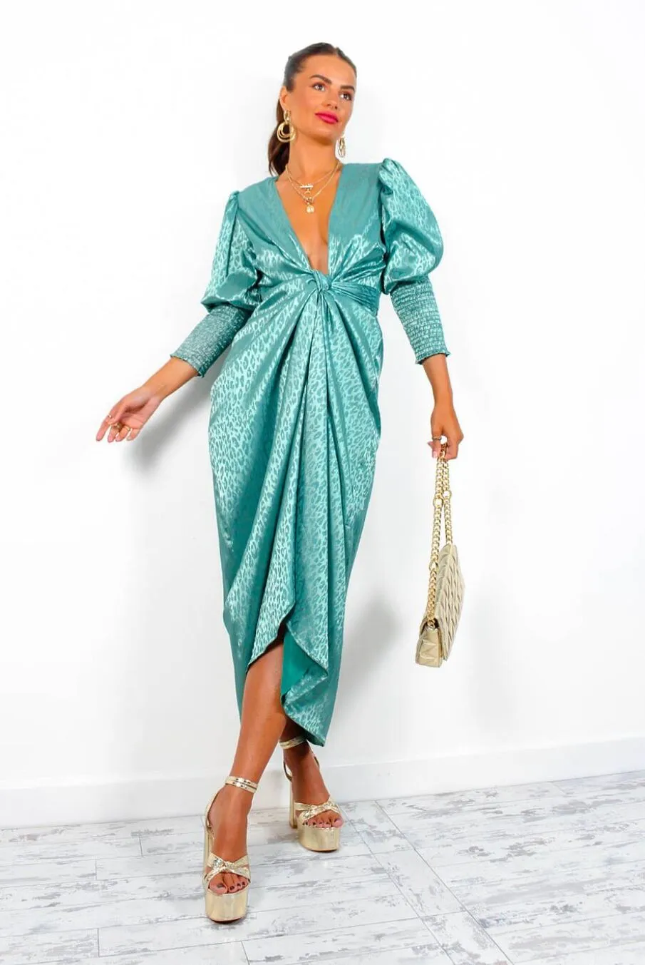 Drive Em Wild - Sea Green Satin Leopard Jacquard Midi Wrap Dress