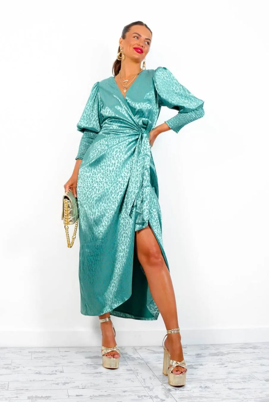 Drive Em Wild - Sea Green Satin Leopard Jacquard Midi Wrap Dress