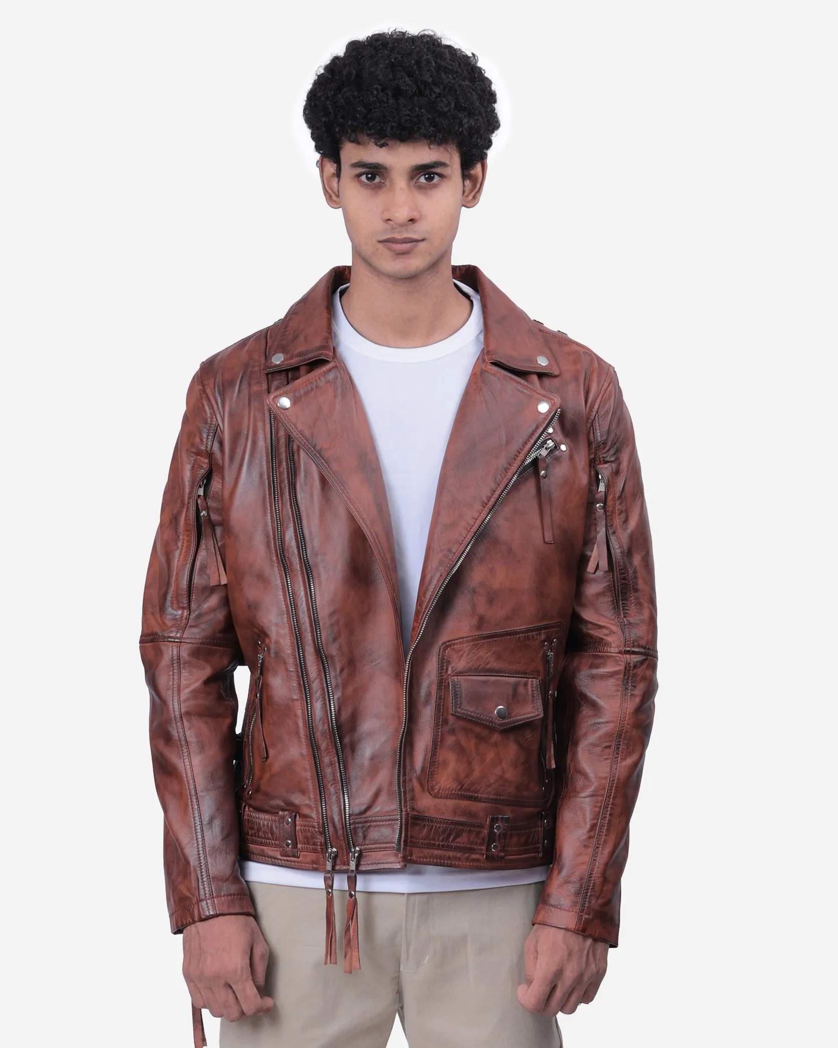 Duncan Brown Biker Leather Bomber Jacket