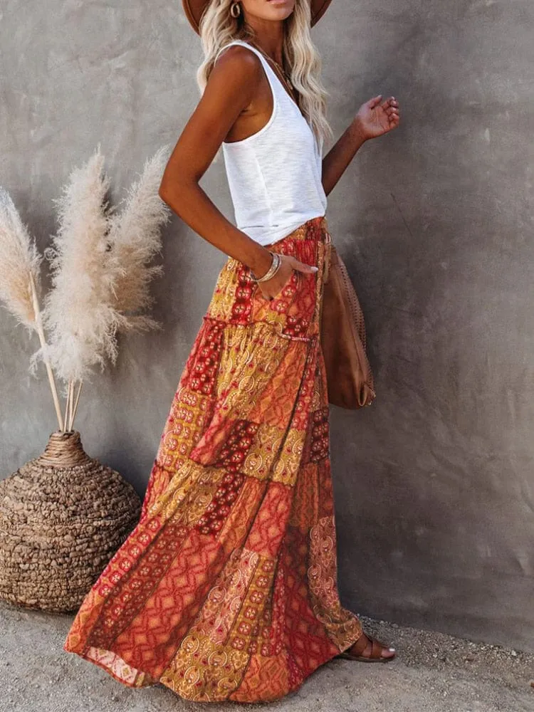 Floral Print Bohemian Maxi Skirt