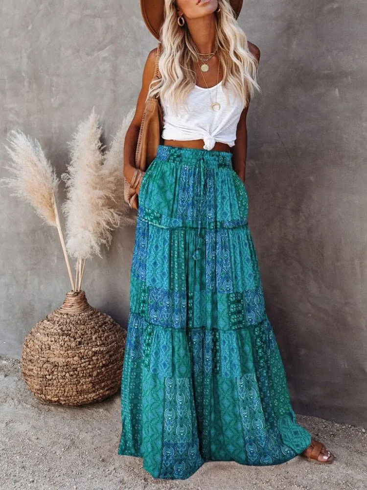 Floral Print Bohemian Maxi Skirt