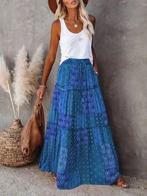 Floral Print Bohemian Maxi Skirt