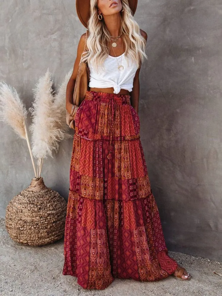 Floral Print Bohemian Maxi Skirt