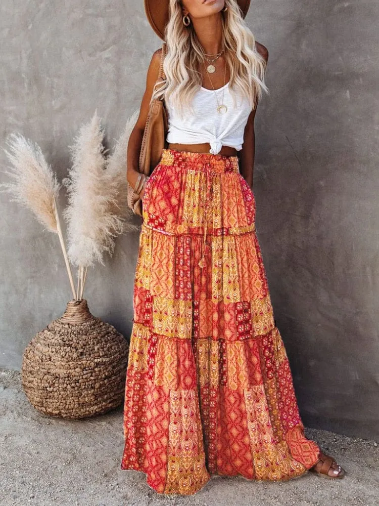 Floral Print Bohemian Maxi Skirt