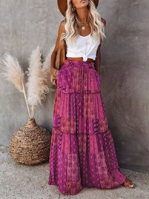 Floral Print Bohemian Maxi Skirt