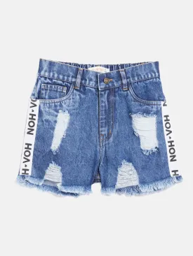 Girls Blue Side Tape Raw Hem Denim Shorts