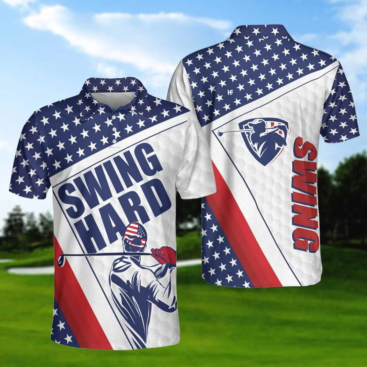 Golf Texture Swing Hard Short Sleeve Golf Polo Shirt, American Flag Polo Shirt, Patriotic Golf Shirt For Men Coolspod