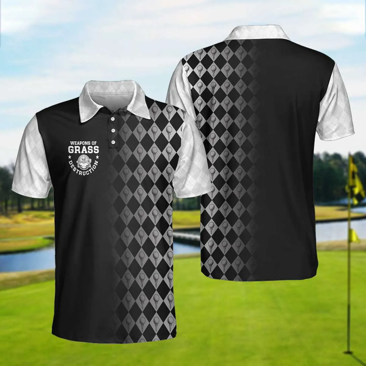 Golf Weapons Of Grass Destruction Short Sleeve Polo Shirt, Black And White Golf Shirt For Men Coolspod