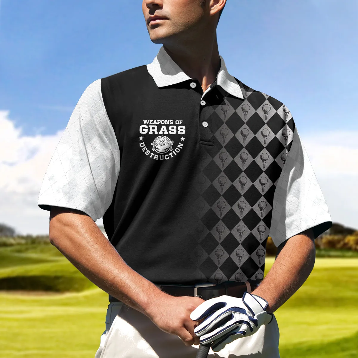 Golf Weapons Of Grass Destruction Short Sleeve Polo Shirt, Black And White Golf Shirt For Men Coolspod