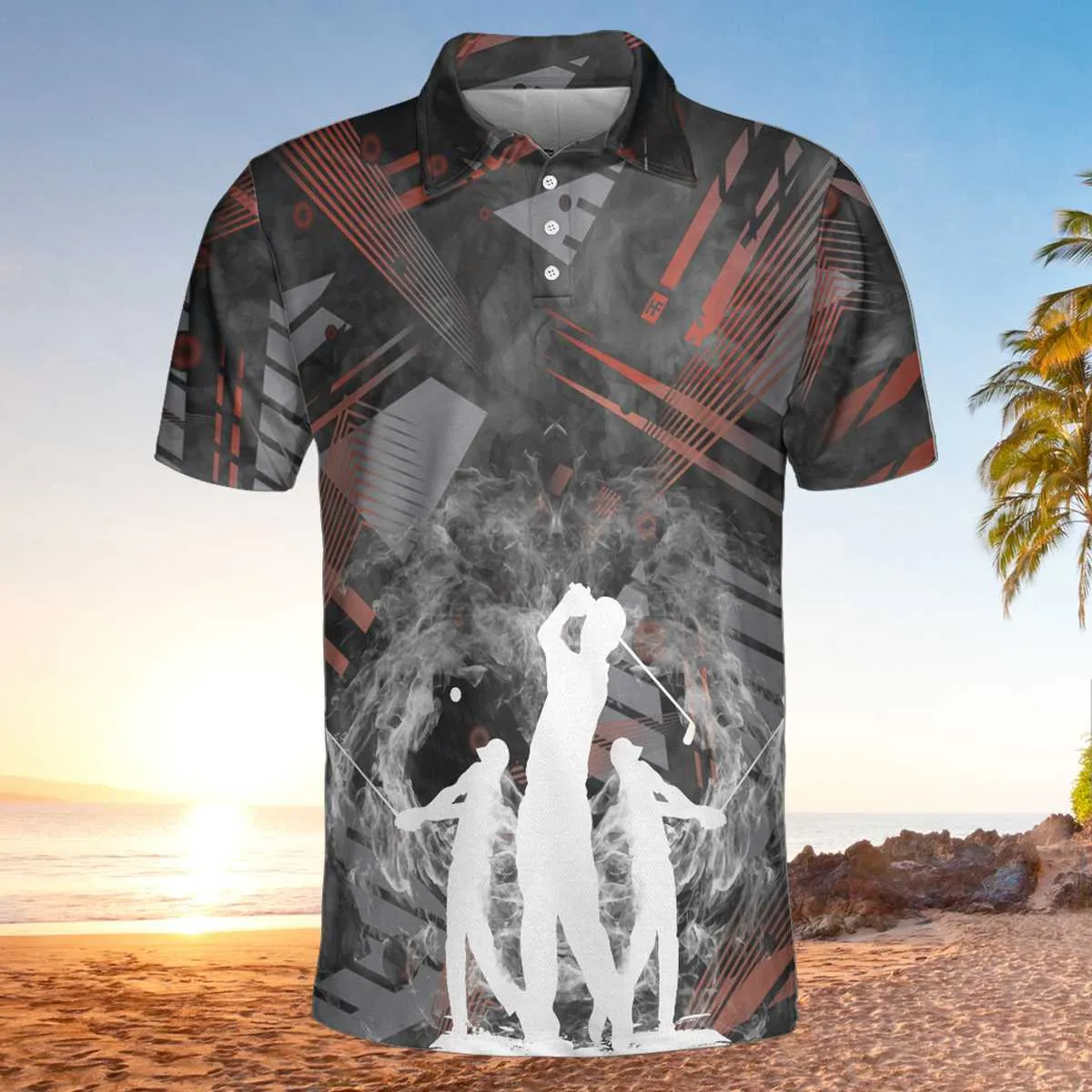 Golfers On Art Pattern Polo Shirt, Smoke Digital Theme Polo Shirt, Best Golf Shirt For Men Coolspod