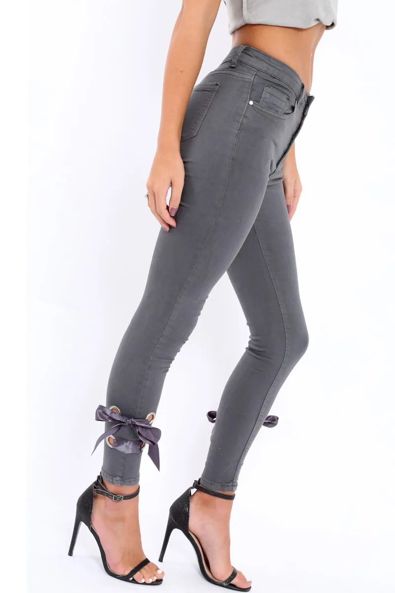 Grey Denim Side Bow Skinny Jeans - Emilia