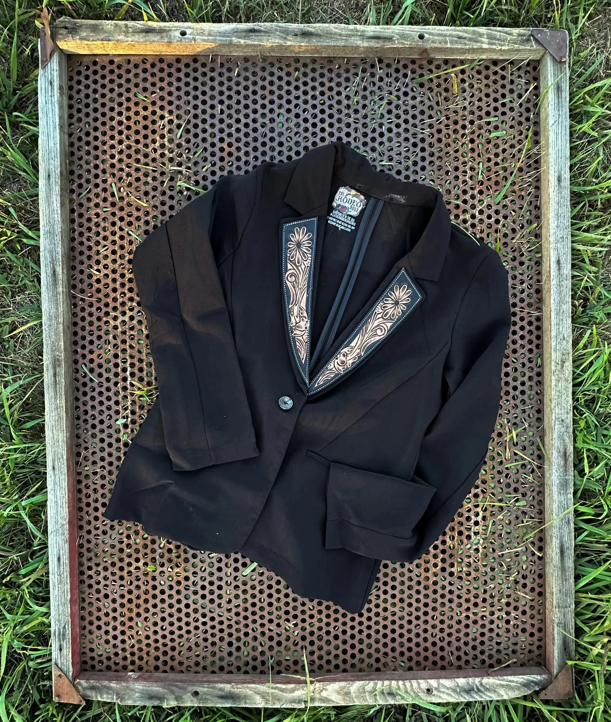 Handtooled leather Lapel Blazer in Lightweight Black