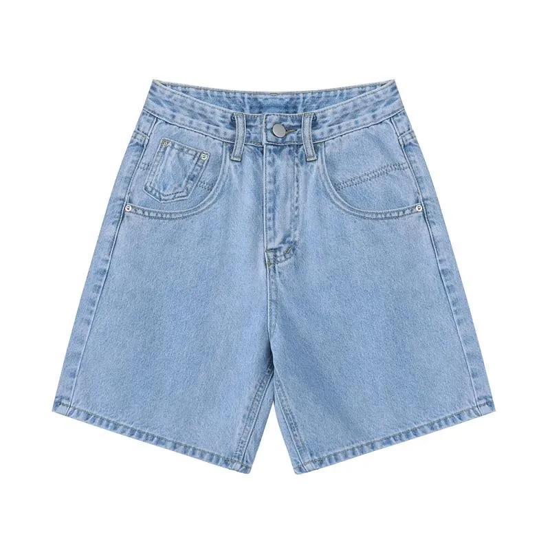 High Waist Denim Shorts Women Loose Ladies Button Wide Leg Shorts