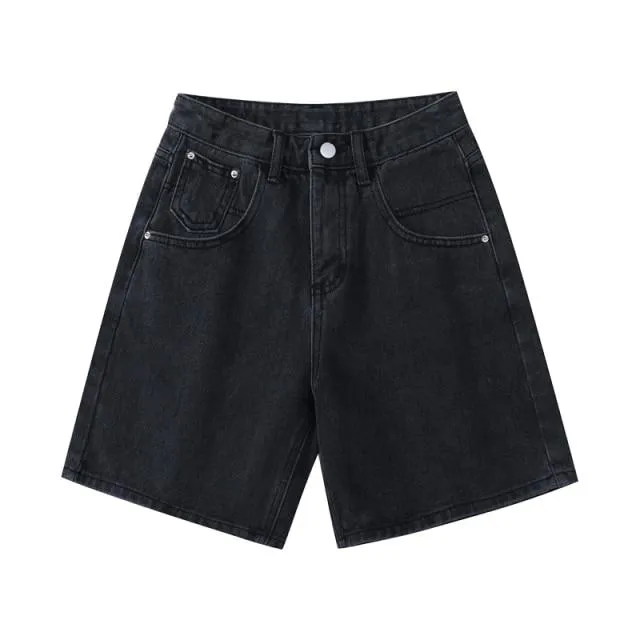 High Waist Denim Shorts Women Loose Ladies Button Wide Leg Shorts