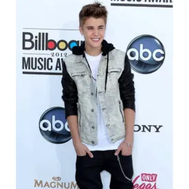 Justin Bieber Denim Jacket with Black Leather Sleeves