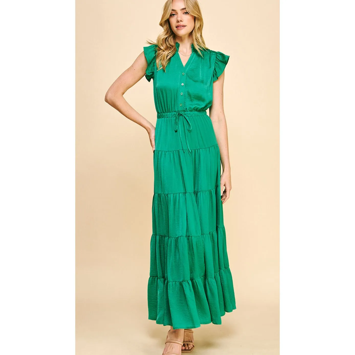 Lex Green Satin Tiered  Maxi PINCH Dress