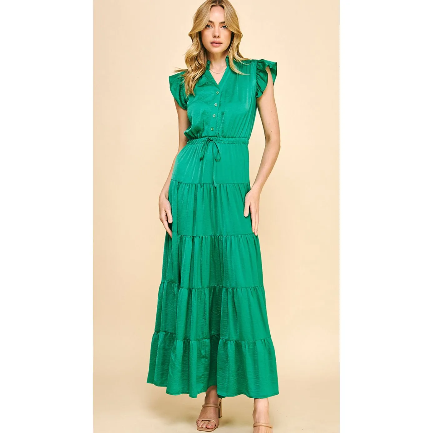 Lex Green Satin Tiered  Maxi PINCH Dress