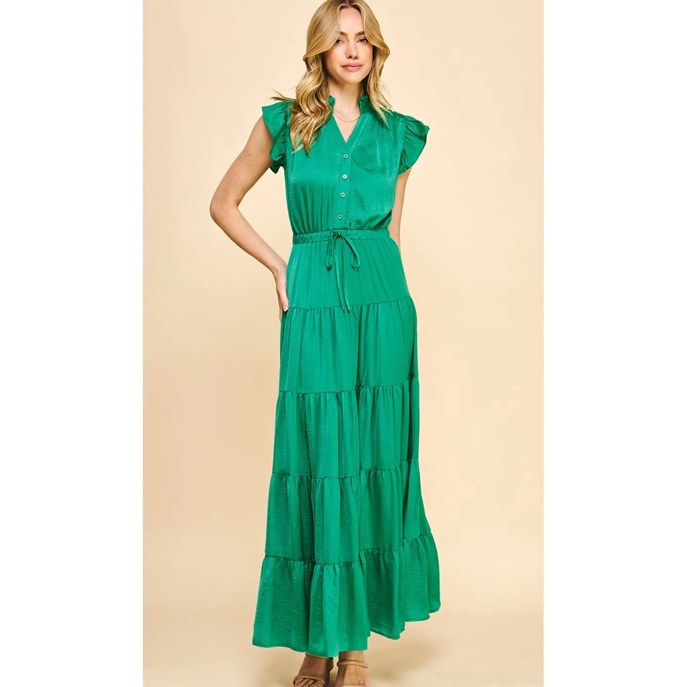 Lex Green Satin Tiered  Maxi PINCH Dress