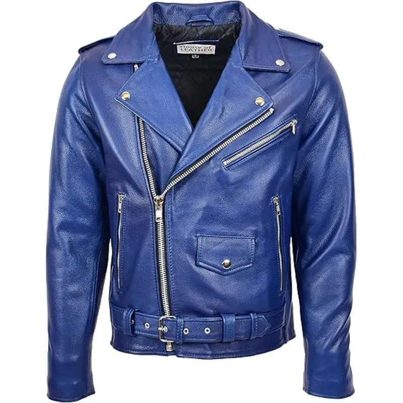 Men's Blue Real Leather Cross Zip Brando Biker Jacket