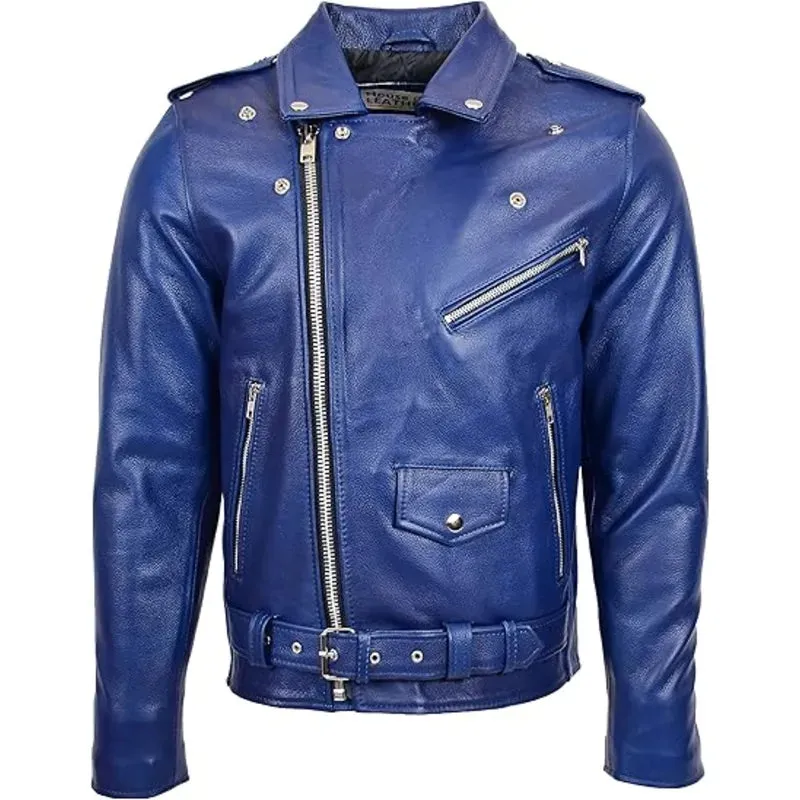 Men's Blue Real Leather Cross Zip Brando Biker Jacket