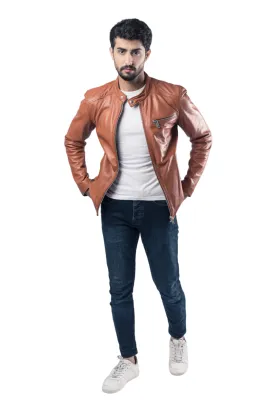 Mens Fashion Biker Jacket Brown Sheep Leather Stylish Designer Jacket - ELM27