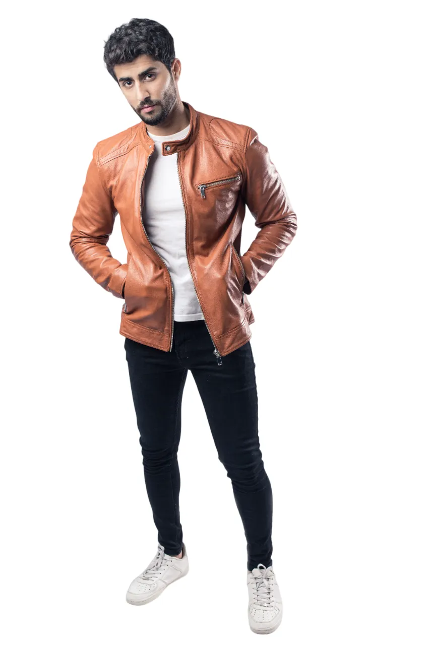 Mens Fashion Biker Jacket Brown Sheep Leather Stylish Designer Jacket - ELM27